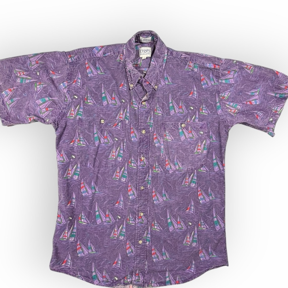 Vtg Ralph Lauren‎ Chaps Purple Sailboat Print Men's Shirt Casual Island Vibe Med